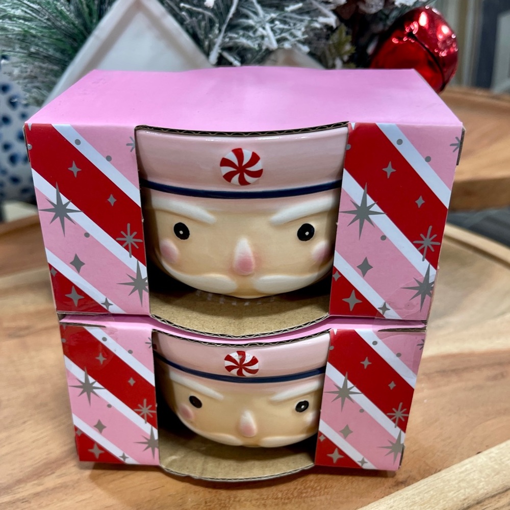 Pink Christmas Nutcracker Head Peppermint Set of 2 ceramic Ramekins NWT